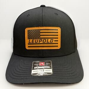 Leupold Optics Leather American Flag Patch Mens Black Truckers SnapBack Hat NWOT